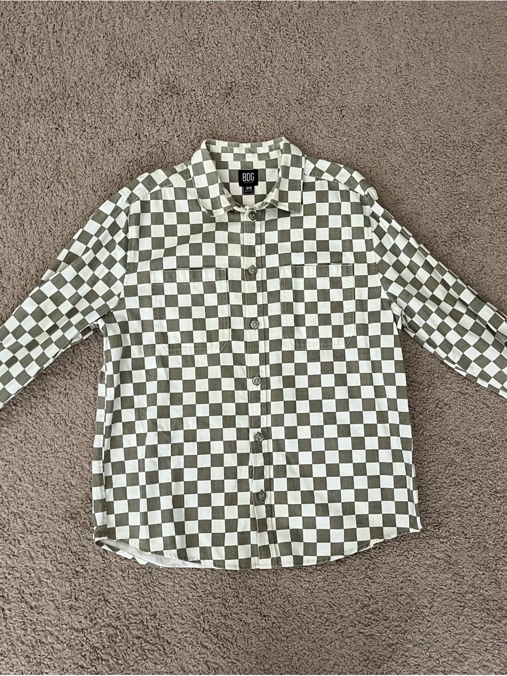BDG Olive and White Checkered Button-Down Shirt